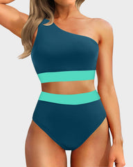 Women One Shoulder High Waisted Bikini Sets Two Piece Swimsuit Tummy Control-Pink