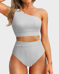 Women One Shoulder High Waisted Bikini Sets Two Piece Swimsuit Tummy Control-Pink