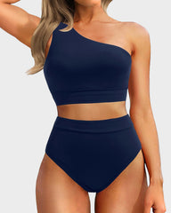 Women One Shoulder High Waisted Bikini Sets Two Piece Swimsuit Tummy Control-Pink