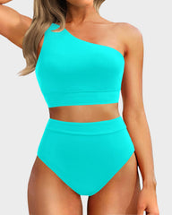Women One Shoulder High Waisted Bikini Sets Two Piece Swimsuit Tummy Control-Pink