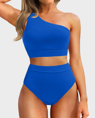 Women One Shoulder High Waisted Bikini Sets Two Piece Swimsuit Tummy Control-Pink