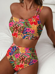 Women High Waisted Bikini Sets One Shoulder Floral Print Swimsuits 2 Piece Tummy Control Bathing Suits