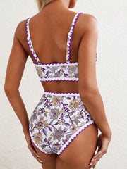Women Bikini Sets Floral Print Whip Stitch 2 Piece Swimsuits High Waisted Scoop Bathing Suits