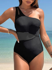 Women One Piece Swimsuits Tummy Control Mesh Patchwork Bathing Suit One Shoulder Adjustable Straps