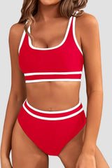 Women High Waisted Bikini Sets Sporty Two Piece Swimsuits Color Block Cheeky High Cut Bathing Suits