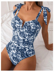 Women One Piece Swimsuits Tummy Control Bathing Suits V Neck Boho Tie Shoulder Ruched Full