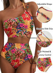 Women High Waisted Bikini Sets One Shoulder Floral Print Swimsuits 2 Piece Tummy Control Bathing Suits