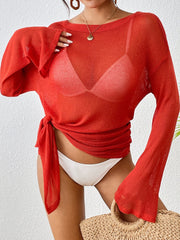 Women Side Slit Beach Cover Up Long Sleeve Loose Bikini Swim Cover Up Summer Vacation Top For Women
