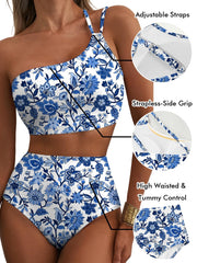 Women High Waisted Bikini Sets One Shoulder Floral Print Swimsuits 2 Piece Tummy Control Bathing Suits