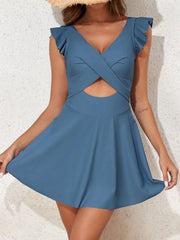 Women One Piece Swimsuit Ruffle Cutout Swimdress Tummy Control V Neck Wrap Swimwear
