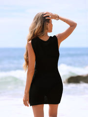 Women Crochet Cover Ups Knit Hollow Out Sleeveless Dress Bathing Suit O-Ring Deep V-Neck Mesh Knit