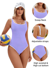 Women One Piece Swimsuit Sports Adjustable Strap Bathing Suit Color Block Ribbed High Cut Swimsuits