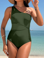 Women One Piece Swimsuits Tummy Control Mesh Patchwork Bathing Suit One Shoulder Adjustable Straps