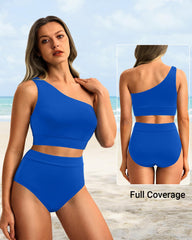 Women One Shoulder High Waisted Bikini Sets Two Piece Swimsuit Tummy Control-Pink