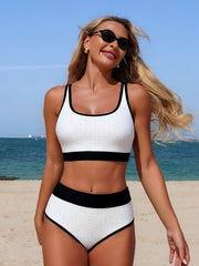 Women High Waisted Bikini Sets Hollow Out Color Block Two Piece Sporty Scoop Neck Adjustable Straps Swimsuit