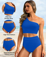Women One Shoulder High Waisted Bikini Sets Two Piece Swimsuit Tummy Control-Pink