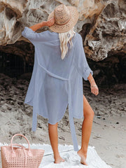 Women Black Solid Color Tie Sun Proof Belt Sexy V Neck Cover Up