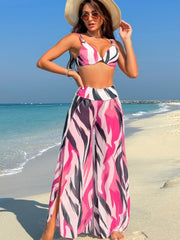 Women 3 Piece Bikini Cover Up Pants Beach Swimsuit Sheer High Waisted Split Loose Wide Leg Trousers
