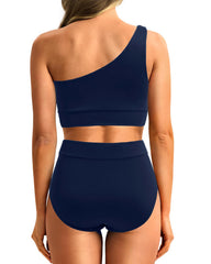 Women One Shoulder High Waisted Bikini Sets Two Piece Swimsuit Tummy Control-Pink