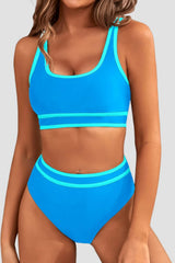 Women High Waisted Bikini Sets Sporty Two Piece Swimsuits Color Block Cheeky High Cut Bathing Suits