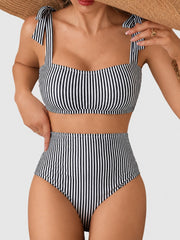 Women Tie Shoulder Bikini Sets 2 Piece Striped Swimsuits High Waisted Bathing Suits
