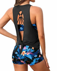 Women 3 Piece Scoop Neck Criss Cross Tankini Swimsuits