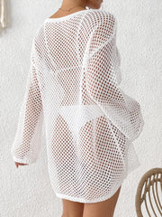 Women Bathing Suit Cover Up Slit Hem V Neck Long Sleeve Crochet Knit Hollow Out Swimwear Swimsuit Beach Mini Dress
