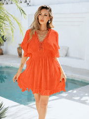 Women Dress Coverup Lace Crochet V Neck Cover Up Short Sleeve Beach Dress for Swimwear