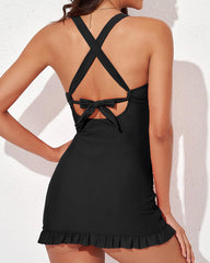 Women Deep V Cross Back Ruched One Piece Swimdress Tummy Control Bathing Suits