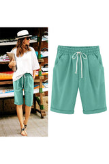 Women Elastic Waist Knee Length Casual Cotton Bermuda Shorts with Drawstring