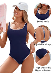 Women One Piece Swimsuit Sports Adjustable Strap Bathing Suit Color Block Ribbed High Cut Swimsuits