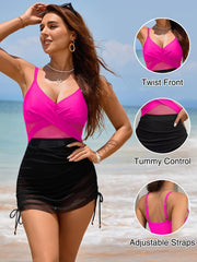 Women One Piece Swimsuit Twist Front Swim Dress Tummy Control Bathing Suit