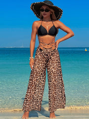 Women 3 Piece Bikini Sets with Mesh Cover Up Pants Halter Cheeky Thong Swimsuits Sexy Bathing Suits