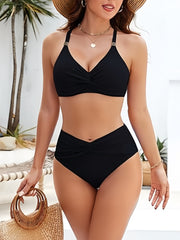 Women High Waisted Bikini Sets Matel Tummy Control Swimsuits V Neck Twist Front Bathing Suit