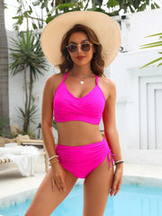 Women High Waisted Bikini Sets Drawstring Tummy Control Swimsuits Crisscross Tie Back Bathing Suit