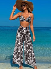 Women 3 Piece Bikini Sets with Mesh Cover Up Pants Halter Cheeky Thong Swimsuits Sexy Bathing Suits
