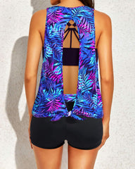 Women 3 Piece Scoop Neck Criss Cross Tankini Swimsuits