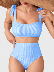 Women Tie Shoulder Bikini Sets 2 Piece Striped Swimsuits High Waisted Bathing Suits