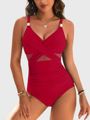 Women One Piece Swimsuit Metal Modest Tummy Control Bathing Suit Slimming Full Coverage Mesh Swim Suits
