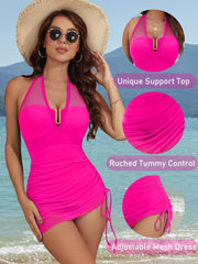 Women One Piece Swimsuit Tummy Control Swim Dress Slimming Mesh Sheer Halter Sarong Wraps Bathing Suit