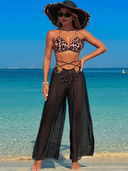 Women 3 Piece Bikini Sets with Mesh Cover Up Pants Halter Cheeky Thong Swimsuits Sexy Bathing Suits