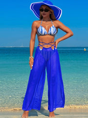 Women 3 Piece Bikini Sets with Mesh Cover Up Pants Halter Cheeky Thong Swimsuits Sexy Bathing Suits
