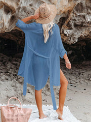 Women Black Solid Color Tie Sun Proof Belt Sexy V Neck Cover Up