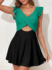 Women One Piece Swimsuit Ruffle Cutout Swimdress Tummy Control V Neck Wrap Swimwear