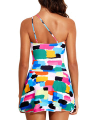 Women One Piece Swim Dress One Shoulder Swimsuit with Skirt