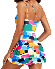 Women One Piece Swim Dress One Shoulder Swimsuit with Skirt
