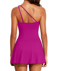 Women One Piece Swim Dress One Shoulder Swimsuit with Skirt