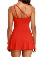Women One Piece Swim Dress One Shoulder Swimsuit with Skirt