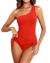 Women One Piece Swim Dress One Shoulder Swimsuit with Skirt