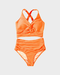 Women Textured Knot Front High Waisted Bikini Set